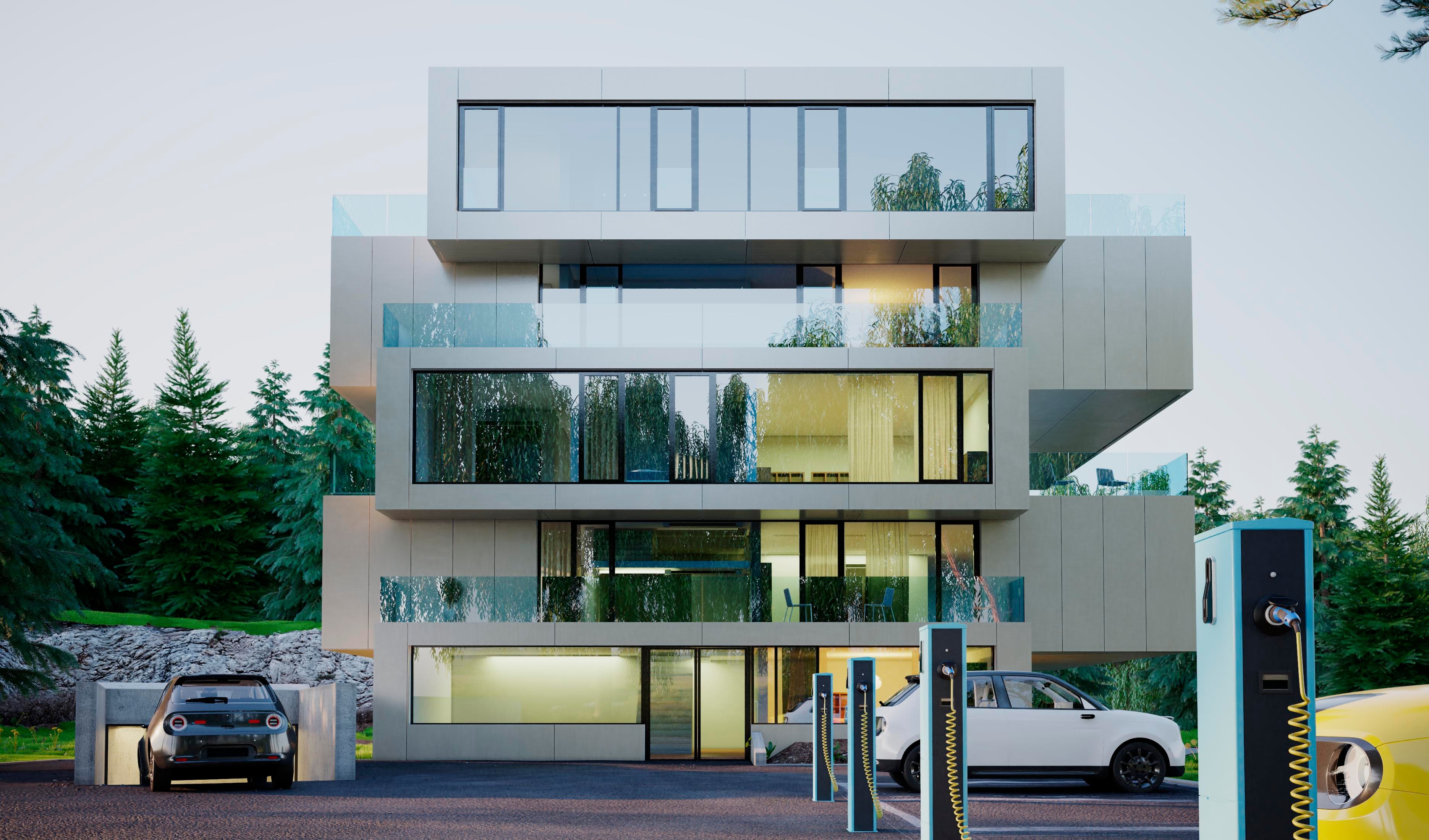 A modern home with visible security features at dusk.